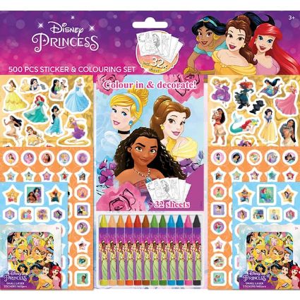 Obrázek Samolepkový set s omalovánkami a voskovkami 500ks Disney Princezny
